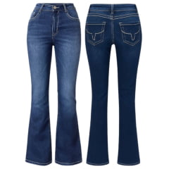 Calça Feminina Os Moiadeiros Jeans Azul Dark Blue Com Linha Branco Flare Ref:MORS01