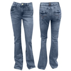 Calça Feminina Os Moiadeiros Jeans Blue Azul Médio Com Linha Marrom Flare Ref:MORS02