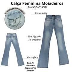 Calça Feminina Os Moiadeiros Jeans Delavê Light Blue Com Linha Verde Flare Ref:MORS03