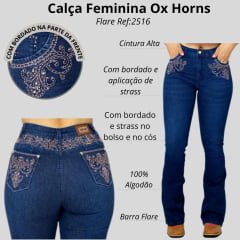 Calça Feminina Ox Horns Jeans Azul Flare Com Bordados Brilhantes Na Frente E Atrás Ref:2516