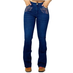 Calça Feminina Ox Horns Jeans Azul Flare Com Bordados Brilhantes Na Frente E Atrás Ref:2516