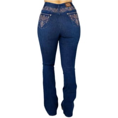 Calça Feminina Ox Horns Jeans Azul Flare Com Bordados Brilhantes Na Frente E Atrás Ref:2516