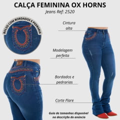 Calça Feminina Ox Horns Jeans Azul Flare Com Bordados Nos Bolsos Com Brilho Ref.2520