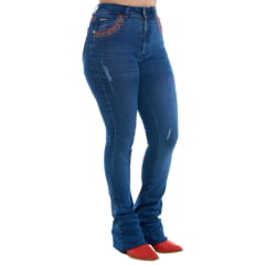 Calça Feminina Ox Horns Jeans Azul Flare Com Bordados Nos Bolsos Com Brilho Ref.2520