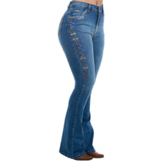 Calça Feminina Ox Horns Jeans Azul Médio Flare Com Bordado Azul Ref.2521