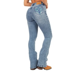 Calça Feminina Ox Horns Jeans Azul Médio Flare Com Bordados Nos Bolsos Azul/Verde Com Brilho Ref.2517