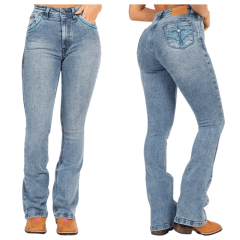 Calça Feminina Ox Horns Jeans Azul Médio Flare Com Bordados Nos Bolsos Azul/Verde Com Brilho Ref.2517