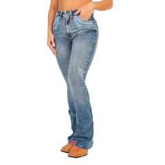 Calça Feminina Ox Horns Jeans Azul Stonado Flare Com Puídos E Bordados Nos Bolsos Azul Com Brilho Ref.2519