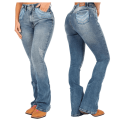 Calça Feminina Ox Horns Jeans Azul Stonado Flare Com Puídos E Bordados Nos Bolsos Azul Com Brilho Ref.2519