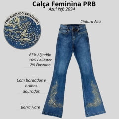 Calça Feminina PRB Country Jeans Azul Médio Com Bordados E Brilho Dourado Ref: 2094