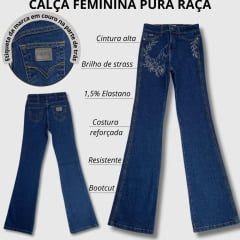 Calça Feminina Pura Raça Country Jeans Stone Com Bordado Cavalo E Flores Em Strass Bootcut Ref: 07000100048