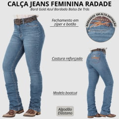 Calça Feminina Radade Bord Gold Azul Bordado Bolso De Trás