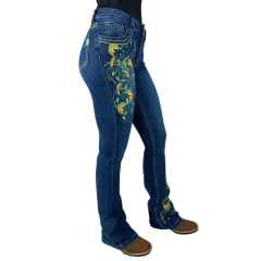 Calça Feminina Red Horse Jeans Azul Escuro Flare Com Bordados De Flor Verde Claro REF: 3081