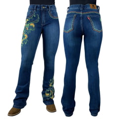 Calça Feminina Red Horse Jeans Azul Escuro Flare Com Bordados De Flor Verde Claro REF: 3081