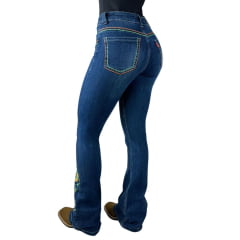 Calça Feminina Red Horse Jeans Azul Escuro Flare Com Bordados De Flor Verde Claro REF: 3081