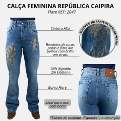 Calça Feminina República Caipira Jeans Azul Claro Alabama Com Bordado De Pena E Cocar REF:2047