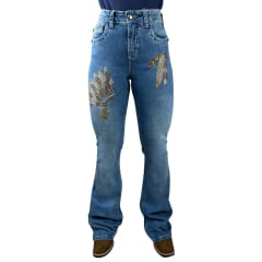 Calça Feminina República Caipira Jeans Azul Claro Alabama Com Bordado De Pena E Cocar REF:2047