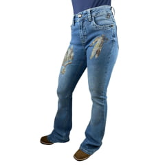 Calça Feminina República Caipira Jeans Azul Claro Alabama Com Bordado De Pena E Cocar REF:2047