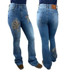 Calça Feminina República Caipira Jeans Azul Claro Alabama Com Bordado De Pena E Cocar REF:2047