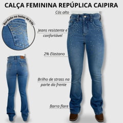 Calça Feminina República Caipira Jeans Azul Delavê Flare Bordada Com Strass Ref: 2034