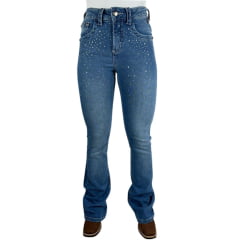 Calça Feminina República Caipira Jeans Azul Delavê Flare Bordada Com Strass Ref: 2034