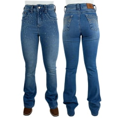 Calça Feminina República Caipira Jeans Azul Delavê Flare Bordada Com Strass Ref: 2034
