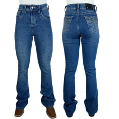 Calça Feminina República Caipira Jeans Azul Flare Bordada Com Brilhos E Pedra Ref: 2035