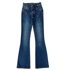 Calça Feminina República Caipira Jeans Lazuli Azul Médio C/ Brilhos E Bordado Bolso ref:2037