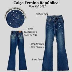 Calça Feminina República Caipira Jeans Lazuli Azul Médio C/ Brilhos E Bordado Bolso ref:2037