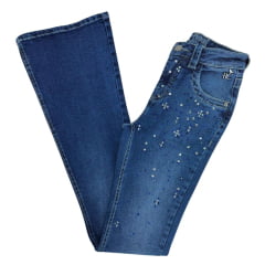 Calça Feminina República Caipira Jeans Lazuli Azul Médio C/ Brilhos E Bordado Bolso ref:2037