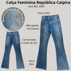 Calça Feminina República Caipira Jeans Montana Clara C/ Brilho E Bordado Estrelas Flare Ref:2030