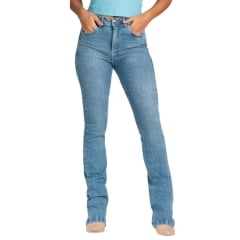 Calça Feminina Stabulos Jeans Azul Delavê Bootcut Com Bordados De Cristal Ref: STB505