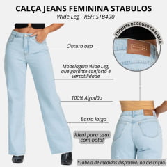 Calça Feminina Stabulos Jeans Azul Delavê Wide Leg Básica REF: STB490