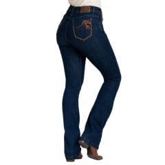 Calça Feminina Stabulos Jeans Azul Escuro Bootcut Com Bordados De Cavalo  E Brilho Nos Bolsos Traseiros REF: STB492