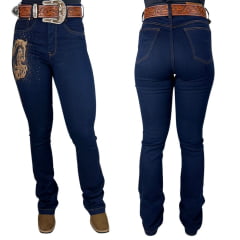 Calça Feminina Stabulos Jeans Azul Escuro Bootcut Estampa de Cavalo Com Brilho de Strass - Ref.STB260