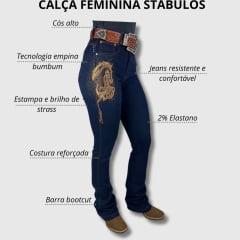 Calça Feminina Stabulos Jeans Azul Escuro Bootcut Estampa de Cavalo Com Brilho de Strass - Ref.STB260