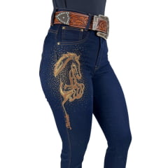 Calça Feminina Stabulos Jeans Azul Escuro Bootcut Estampa de Cavalo Com Brilho de Strass - Ref.STB260