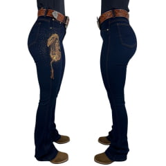 Calça Feminina Stabulos Jeans Azul Escuro Bootcut Estampa de Cavalo Com Brilho de Strass - Ref.STB260