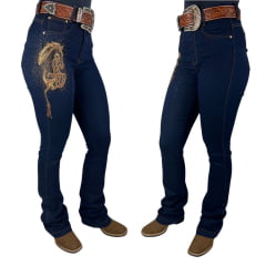 Calça Feminina Stabulos Jeans Azul Escuro Bootcut Estampa de Cavalo Com Brilho de Strass - Ref.STB260