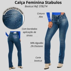 Calça Feminina Stabulos Jeans Azul Médio Bootcut Com Bordados Em Strass Ref:STB274