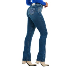 Calça Feminina Stabulos Jeans Azul Médio Bootcut Com Bordados Em Strass Ref:STB274