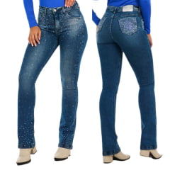 Calça Feminina Stabulos Jeans Azul Médio Bootcut Com Bordados Em Strass Ref:STB274