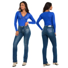 Calça Feminina Stabulos Jeans Azul Médio Bootcut Com Bordados Em Strass Ref:STB274