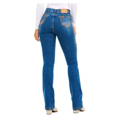 Calça Feminina Stabulos Jeans Azul Médio Com Bordado Horse E Floral Na Lateral Bootcut REF: STB381