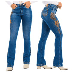 Calça Feminina Stabulos Jeans Azul Médio Com Bordado Horse E Floral Na Lateral Bootcut REF: STB381