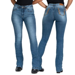 Calça Feminina Stabulos Jeans Azul Stonado Bootcut Com Bolsos Traseiros Bordado REF: STB498