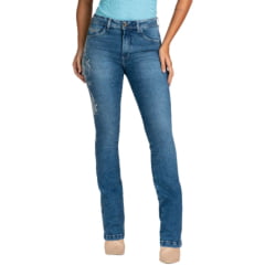 Calça Feminina Stabulos Jeans Azul Stonado Bootcut Com Bordado Lateral De Cavalo Com Brilho Ref:STB496