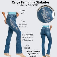 Calça Feminina Stabulos Jeans Azul Stonado Bootcut Com Bordado Lateral De Cavalo Com Brilho Ref:STB496