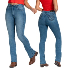 Calça Feminina Stabulos Jeans Azul Stonado Bootcut Com Os Bolsos Traseiros Bordados Ref:STB497