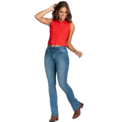 Calça Feminina Stabulos Jeans Azul Stonado Bootcut Com Os Bolsos Traseiros Bordados Ref:STB497